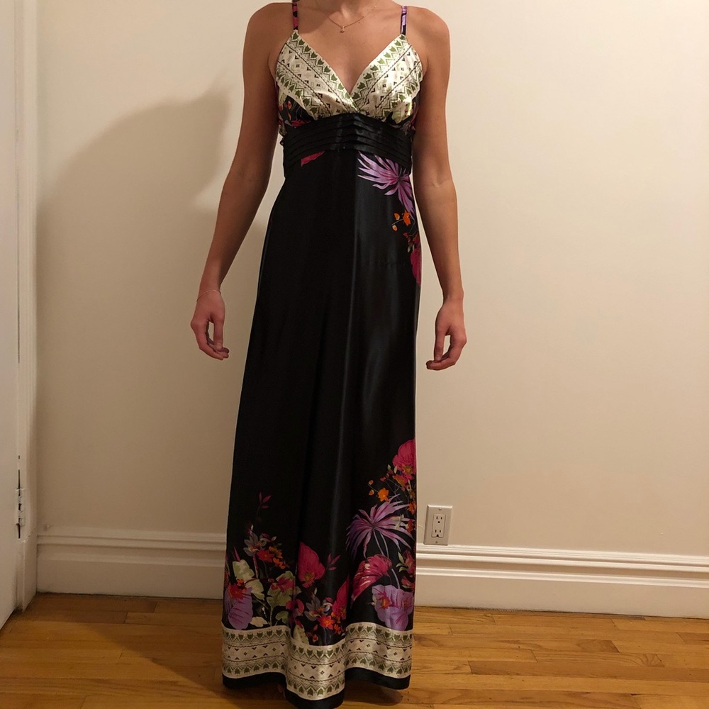 Boho Silky Black Floral Maxi Dress - Size M | Formal Prom Bridesmaid Long Gown - Picture 3 of 9